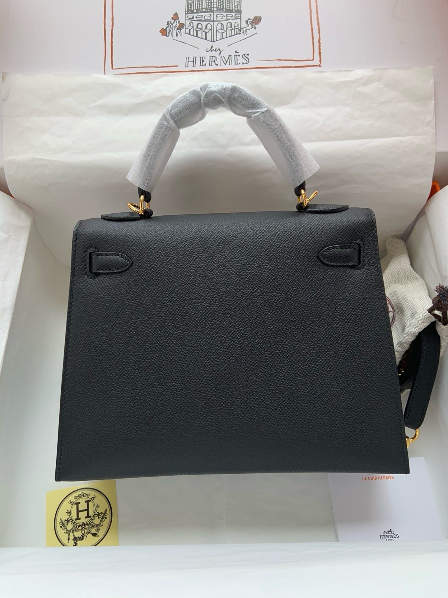 HERM Kelly, 25cm, Noir, Epsom
