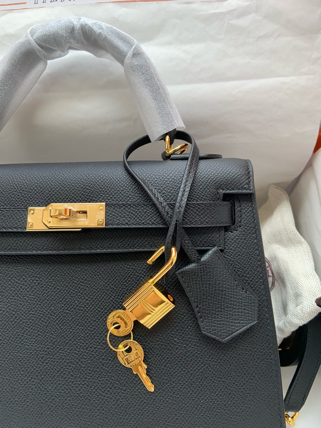 HERM Kelly, 25cm, Noir, Epsom