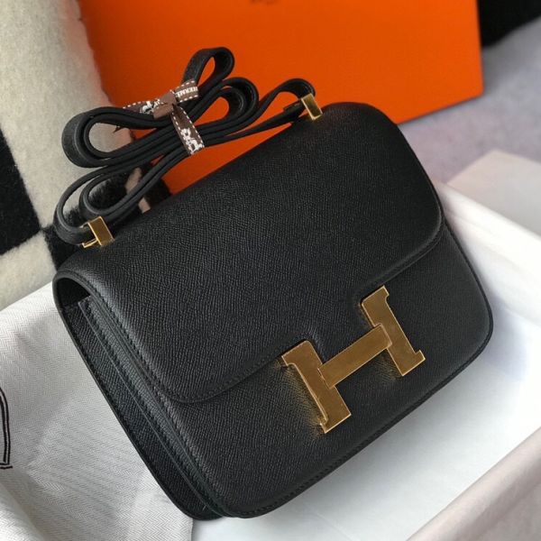 HERM Black Constance MM 24cm Epsom Leather Bag