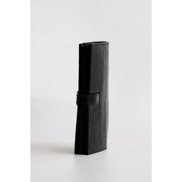 HERM Bearn Long Wallet in Black Shiny Alligator Leather